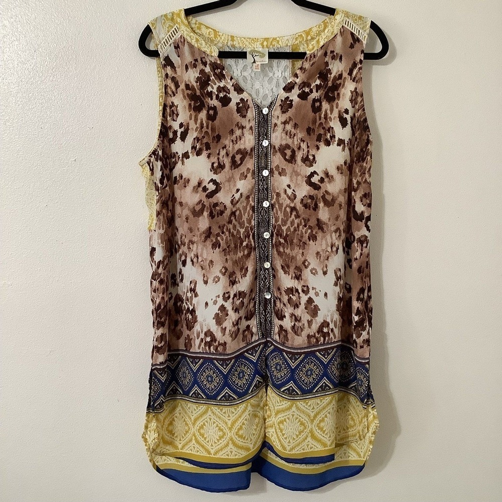 Fig and Flower Bohemian Artsy Lagenlook Animal Print Oversized Tunic Blouse XL‎